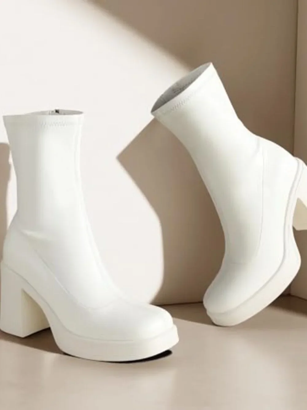 Chunky High Heels Platform Ankle Boots Square Toe Side Zipper Gogo Boots PU
